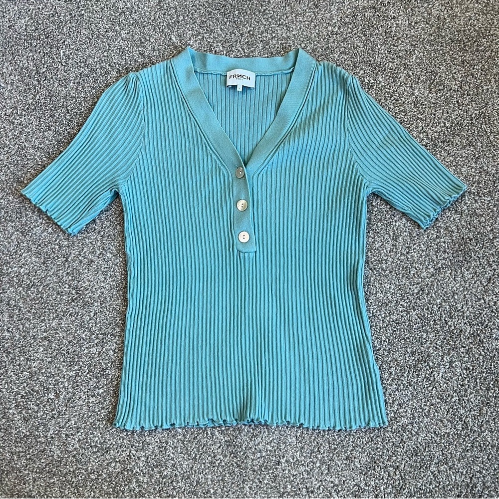 FRNCH Paris Blue Ribbed Button Half Sleeve Sherine Blouse, Size Large
